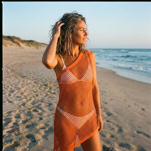 Unbranded Women’s XL One Shoulder Mini Dress Orange Fishnet Mesh Bodycon Y2K